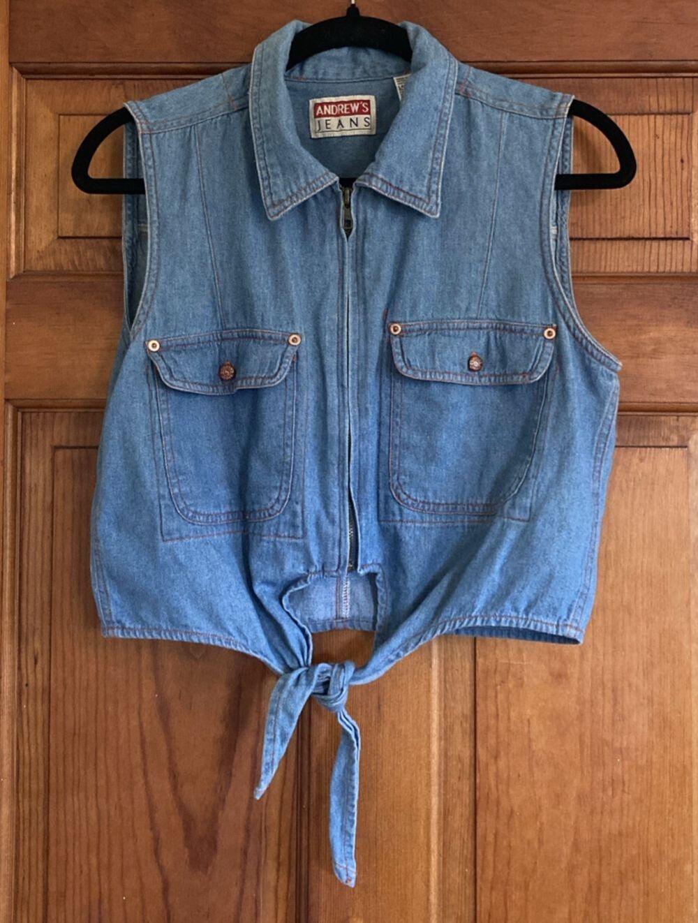 Andrew’s Jeans Womens L Blue Denim Sleevless Zip Tie Cropped Top Country VTG Y2K